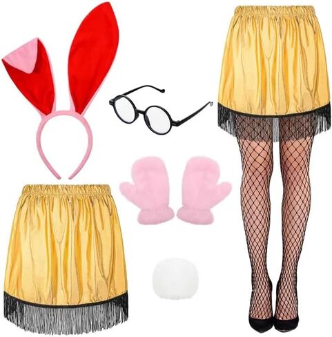 6 Pcs Christmas Movie Bunny and Lamp Costume Accessories include Lamp Skirts Bunny Headband Tail Pink Gloves Glasses with Fishnet Stockings for Adults Women Men Christmas Cosplay Party in Saudi Arabia