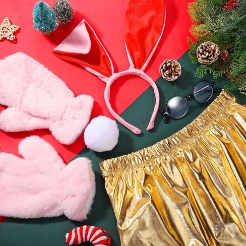 6 Pcs Christmas Movie Bunny and Lamp Costume Accessories include Lamp Skirts Bunny Headband Tail Pink Gloves Glasses with Fishnet Stockings for Adults Women Men Christmas Cosplay Party in Saudi Arabia