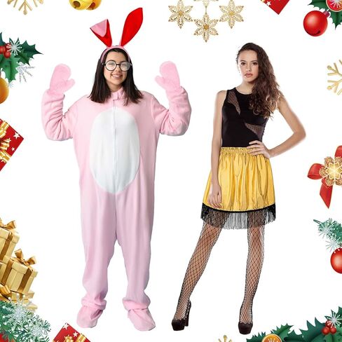 6 Pcs Christmas Movie Bunny and Lamp Costume Accessories include Lamp Skirts Bunny Headband Tail Pink Gloves Glasses with Fishnet Stockings for Adults Women Men Christmas Cosplay Party in Saudi Arabia