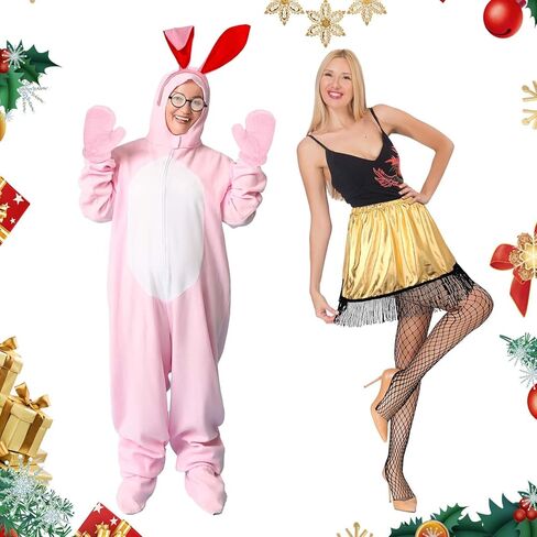 6 Pcs Christmas Movie Bunny and Lamp Costume Accessories include Lamp Skirts Bunny Headband Tail Pink Gloves Glasses with Fishnet Stockings for Adults Women Men Christmas Cosplay Party in Saudi Arabia