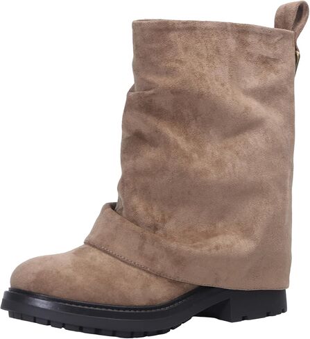 Women's Fold Over Ankle Boots with Zipper - Trendy Wide Calf Pull On Boots with Round Toe in Saudi Arabia