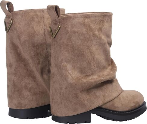 Women's Fold Over Ankle Boots with Zipper - Trendy Wide Calf Pull On Boots with Round Toe in Saudi Arabia