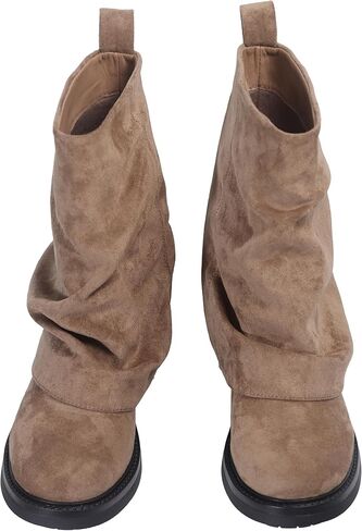 Women's Fold Over Ankle Boots with Zipper - Trendy Wide Calf Pull On Boots with Round Toe in Saudi Arabia