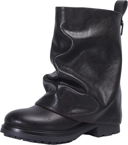 Women's Fold Over Ankle Boots with Zipper - Trendy Wide Calf Pull On Boots with Round Toe in Saudi Arabia