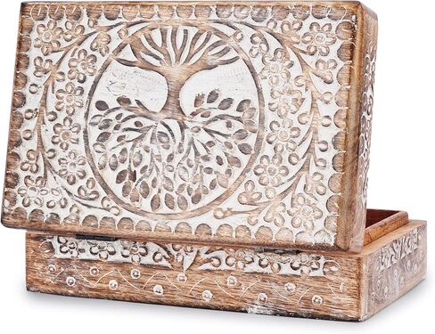 Ajuny Wooden Hand Carved Decorative Box with Tree of Life Carvings White - Multipurpose Use As Jewelry Storage, Trinket Holder or Watch Box, Gifts in Saudi Arabia