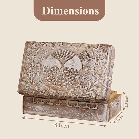 Ajuny Wooden Hand Carved Decorative Box with Tree of Life Carvings White - Multipurpose Use As Jewelry Storage, Trinket Holder or Watch Box, Gifts in Saudi Arabia