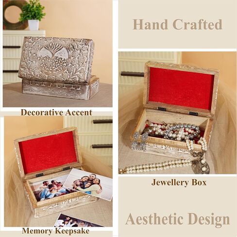 Ajuny Wooden Hand Carved Decorative Box with Tree of Life Carvings White - Multipurpose Use As Jewelry Storage, Trinket Holder or Watch Box, Gifts in Saudi Arabia