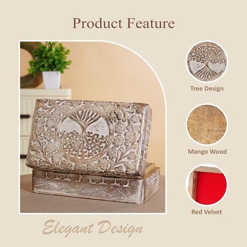 Ajuny Wooden Hand Carved Decorative Box with Tree of Life Carvings White - Multipurpose Use As Jewelry Storage, Trinket Holder or Watch Box, Gifts in Saudi Arabia