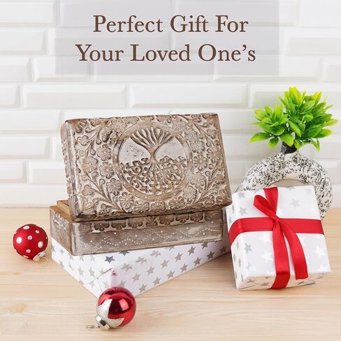 Ajuny Wooden Hand Carved Decorative Box with Tree of Life Carvings White - Multipurpose Use As Jewelry Storage, Trinket Holder or Watch Box, Gifts in Saudi Arabia