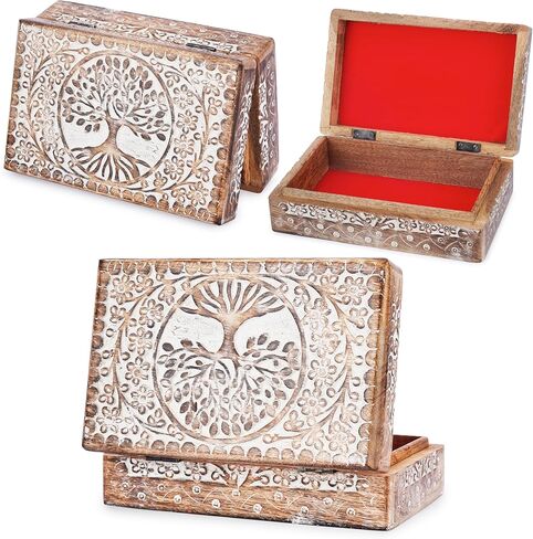Ajuny Wooden Hand Carved Decorative Box with Tree of Life Carvings White - Multipurpose Use As Jewelry Storage, Trinket Holder or Watch Box, Gifts in Saudi Arabia