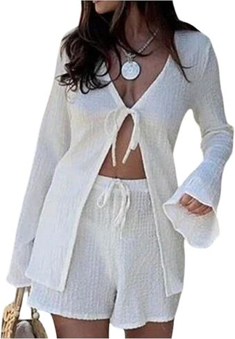 SweatyRocks Women's 2 Piece Bell Sleeve Tie Front Blouse and Shorts Set Vacation Outfits in Saudi Arabia