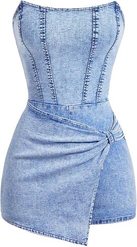 WDIRARA Women's Denim Tube Romper Strapless Sleeveless Asymmetrical Shorts Jumpsuits in Saudi Arabia