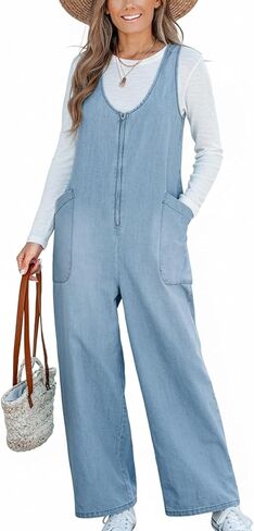 CUPSHE Women's Denim Jumpsuit Sleeveless Wide Leg Casual Cotton Jumpsuit Front Zip Pocket Romper in Saudi Arabia
