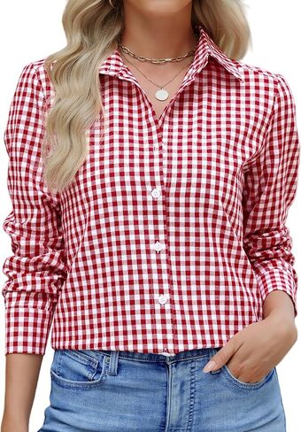 Women Slim Fit Cotton Gingham Button Down Shirts Casual Blouses Tops Work Summer Clothes Fashion Outfits in Saudi Arabia