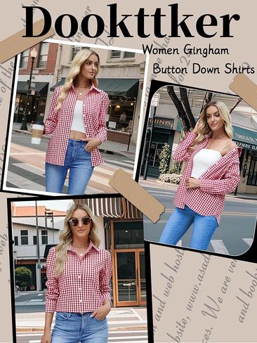 Women Slim Fit Cotton Gingham Button Down Shirts Casual Blouses Tops Work Summer Clothes Fashion Outfits in Saudi Arabia