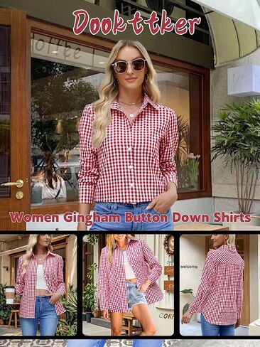 Women Slim Fit Cotton Gingham Button Down Shirts Casual Blouses Tops Work Summer Clothes Fashion Outfits in Saudi Arabia