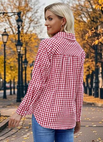 Women Slim Fit Cotton Gingham Button Down Shirts Casual Blouses Tops Work Summer Clothes Fashion Outfits in Saudi Arabia