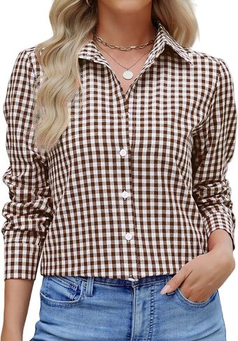 Women Slim Fit Cotton Gingham Button Down Shirts Casual Blouses Tops Work Summer Clothes Fashion Outfits in Saudi Arabia