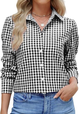 Women Slim Fit Cotton Gingham Button Down Shirts Casual Blouses Tops Work Summer Clothes Fashion Outfits in Saudi Arabia