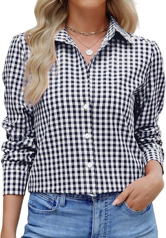 Women Slim Fit Cotton Gingham Button Down Shirts Casual Blouses Tops Work Summer Clothes Fashion Outfits in Saudi Arabia