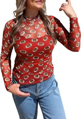 Womens Game Day Mesh Top Slim Fit See Through Mock Neck Long Sleeve Graphic Shirt Blouses Tops in Saudi Arabia