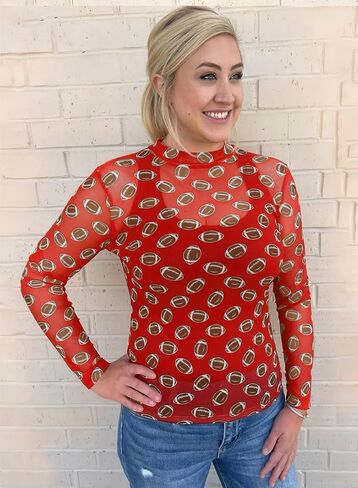 Womens Game Day Mesh Top Slim Fit See Through Mock Neck Long Sleeve Graphic Shirt Blouses Tops in Saudi Arabia