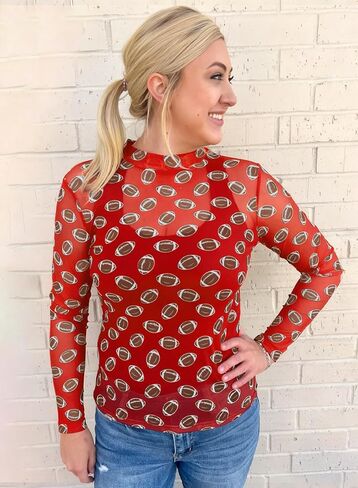 Womens Game Day Mesh Top Slim Fit See Through Mock Neck Long Sleeve Graphic Shirt Blouses Tops in Saudi Arabia