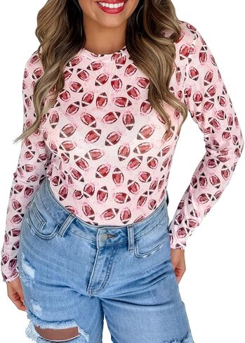 Womens Game Day Mesh Top Slim Fit See Through Mock Neck Long Sleeve Graphic Shirt Blouses Tops in Saudi Arabia