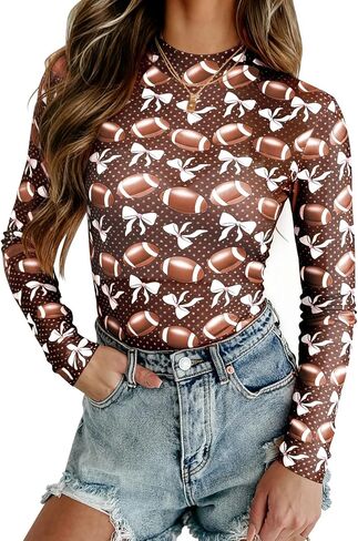 Womens Game Day Mesh Top Slim Fit See Through Mock Neck Long Sleeve Graphic Shirt Blouses Tops in Saudi Arabia