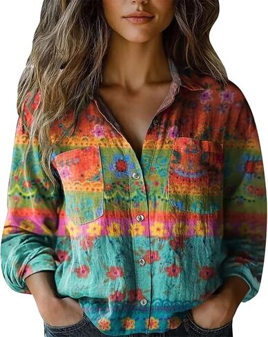 Womens Fall Boho Tops 2025 Retro Print Shirts Long Sleeve Casual Vacation Outfits Button Down Dressy Blouse Plus Size in Saudi Arabia