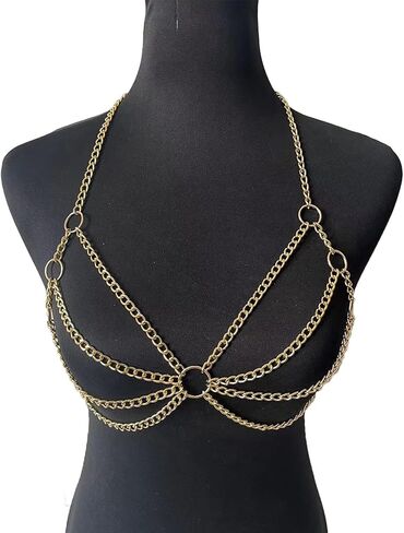Gothic Metal Link Chain Bra Body Jewelry Multi-layered Harness Chest Chain Festival Rave Punk Body Chain Jewelry for Women in Kuwait