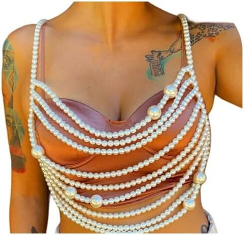 White Big Pearl Tassel Bra Chain Jewelry Bikini Multi-layered Beaded Body Chain Festival Rave Pearl Bralette Chest Chain Jewelry for Women in Saudi Arabia