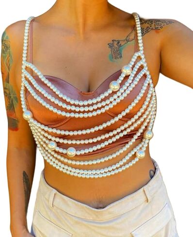White Big Pearl Tassel Bra Chain Jewelry Bikini Multi-layered Beaded Body Chain Festival Rave Pearl Bralette Chest Chain Jewelry for Women in Saudi Arabia
