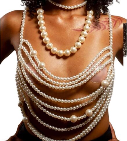 White Big Pearl Tassel Bra Chain Jewelry Bikini Multi-layered Beaded Body Chain Festival Rave Pearl Bralette Chest Chain Jewelry for Women in Saudi Arabia