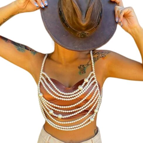 White Big Pearl Tassel Bra Chain Jewelry Bikini Multi-layered Beaded Body Chain Festival Rave Pearl Bralette Chest Chain Jewelry for Women in Saudi Arabia