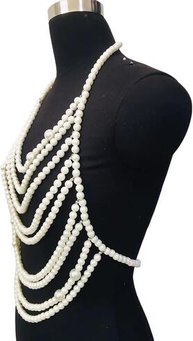 White Big Pearl Tassel Bra Chain Jewelry Bikini Multi-layered Beaded Body Chain Festival Rave Pearl Bralette Chest Chain Jewelry for Women in Saudi Arabia
