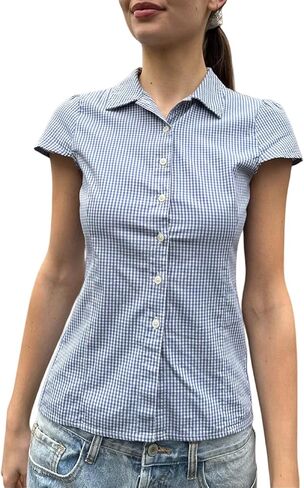 Seyumixi Y2k Button Up Shirt Women Short Sleeve V Neck Cropped Blouse Slim Fitted Collared Top Cute Preppy Coquette Tops in Saudi Arabia