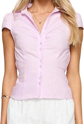 Seyumixi Y2k Button Up Shirt Women Short Sleeve V Neck Cropped Blouse Slim Fitted Collared Top Cute Preppy Coquette Tops in Saudi Arabia