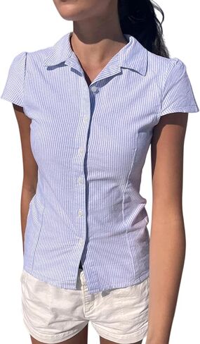 Seyumixi Y2k Button Up Shirt Women Short Sleeve V Neck Cropped Blouse Slim Fitted Collared Top Cute Preppy Coquette Tops in Saudi Arabia