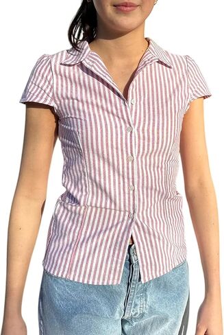Seyumixi Y2k Button Up Shirt Women Short Sleeve V Neck Cropped Blouse Slim Fitted Collared Top Cute Preppy Coquette Tops in Saudi Arabia