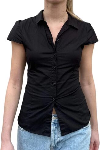 Seyumixi Y2k Button Up Shirt Women Short Sleeve V Neck Cropped Blouse Slim Fitted Collared Top Cute Preppy Coquette Tops in Saudi Arabia