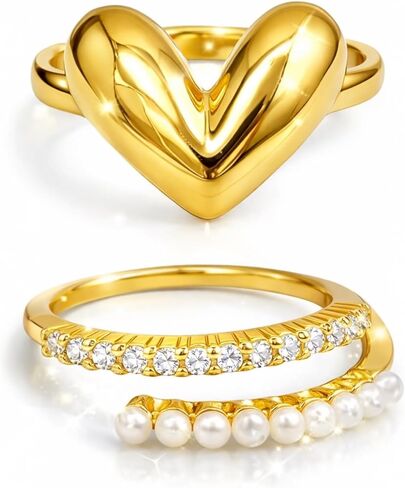 14K Gold Plated Adjustable Rings for Women (Set of 2) | Dainty Stackable Heart & Bow Rings | Hypoallergenic Gift Jewelry in Saudi Arabia