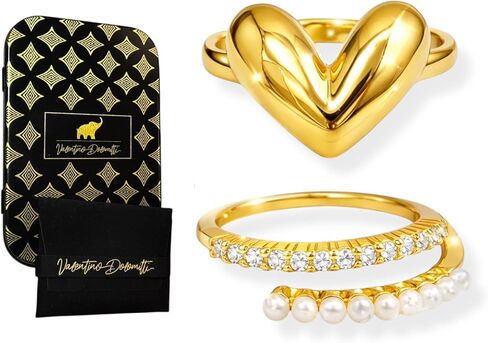 14K Gold Plated Adjustable Rings for Women (Set of 2) | Dainty Stackable Heart & Bow Rings | Hypoallergenic Gift Jewelry in Saudi Arabia