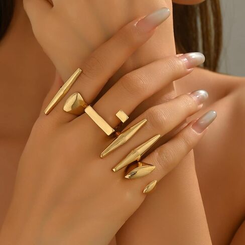 Gold Geometric Open Ring Set for Women, 4Pcs Adjustable Minimalist Rings, Abstract Sculptural Jewelry Set for Daily Wear and Gift in Saudi Arabia