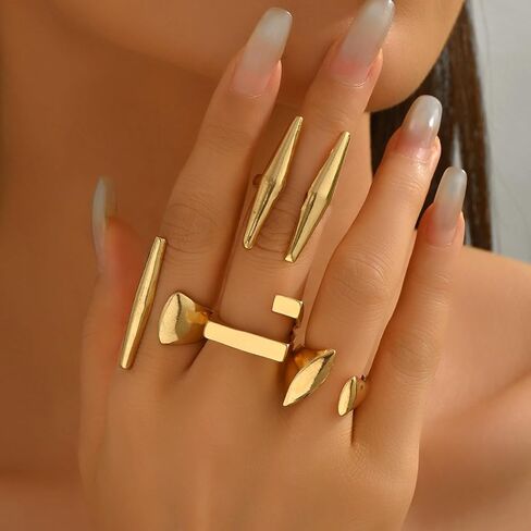 Gold Geometric Open Ring Set for Women, 4Pcs Adjustable Minimalist Rings, Abstract Sculptural Jewelry Set for Daily Wear and Gift in Saudi Arabia