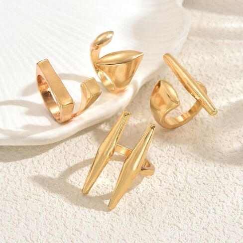 Gold Geometric Open Ring Set for Women, 4Pcs Adjustable Minimalist Rings, Abstract Sculptural Jewelry Set for Daily Wear and Gift in Saudi Arabia