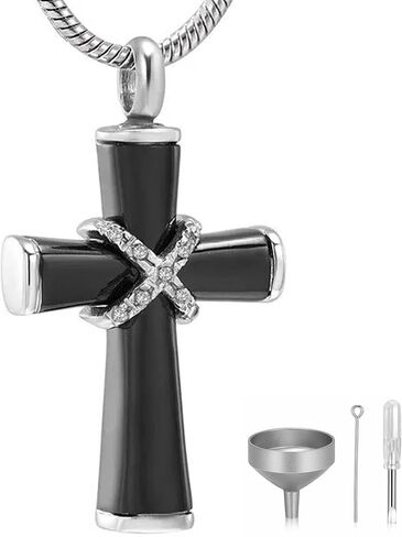 Onyx Diamond Cross Urn Pendant Necklace for Memorial Cremation Ashes Keepsake - Black in Saudi Arabia
