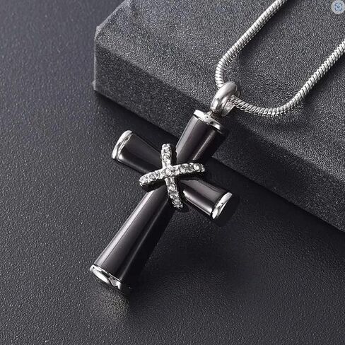 Onyx Diamond Cross Urn Pendant Necklace for Memorial Cremation Ashes Keepsake - Black in Saudi Arabia
