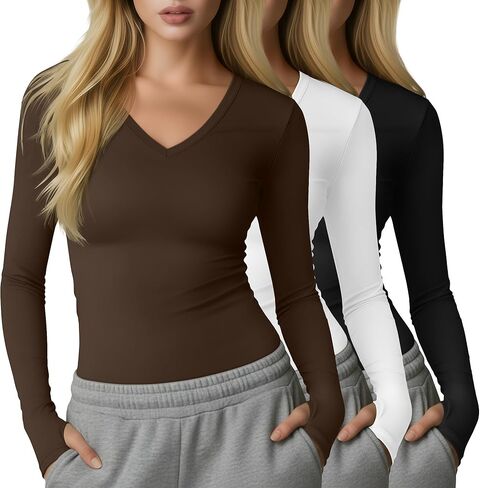 3 Pack Womens Long Sleeve Compression Shirts Workout Yoga V Neck Thumb Hole Tight Tops Lightweight Gym Running Tees(Brown, White, Black,XX-Large) in Saudi Arabia