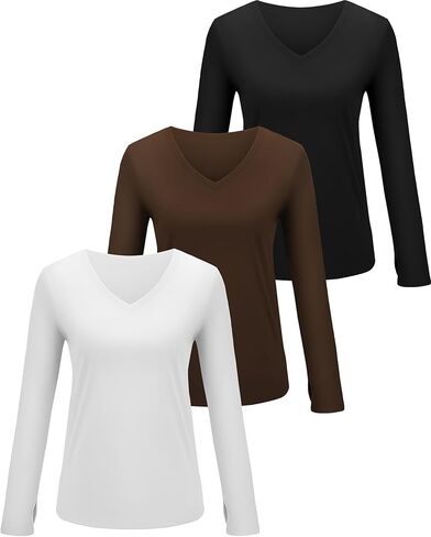 3 Pack Womens Long Sleeve Compression Shirts Workout Yoga V Neck Thumb Hole Tight Tops Lightweight Gym Running Tees(Brown, White, Black,XX-Large) in Saudi Arabia